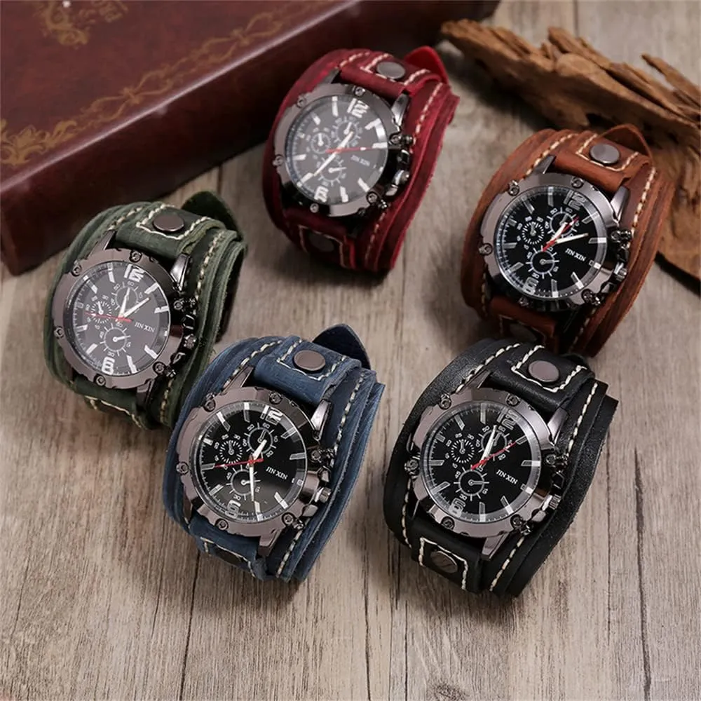 - Retro Wide Pure Cow Leather Strap, Fashion Brown Cool Punk Style Wristwatch medal metalworker rationale harem override Bracelet Luxury Men's Quartz Watch 