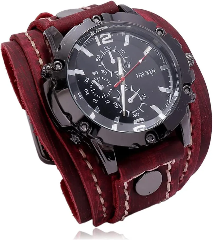 - Retro Wide Pure Cow Leather Strap, Fashion Brown Cool Punk Style Wristwatch medal metalworker rationale harem override Bracelet Luxury Men's Quartz Watch 