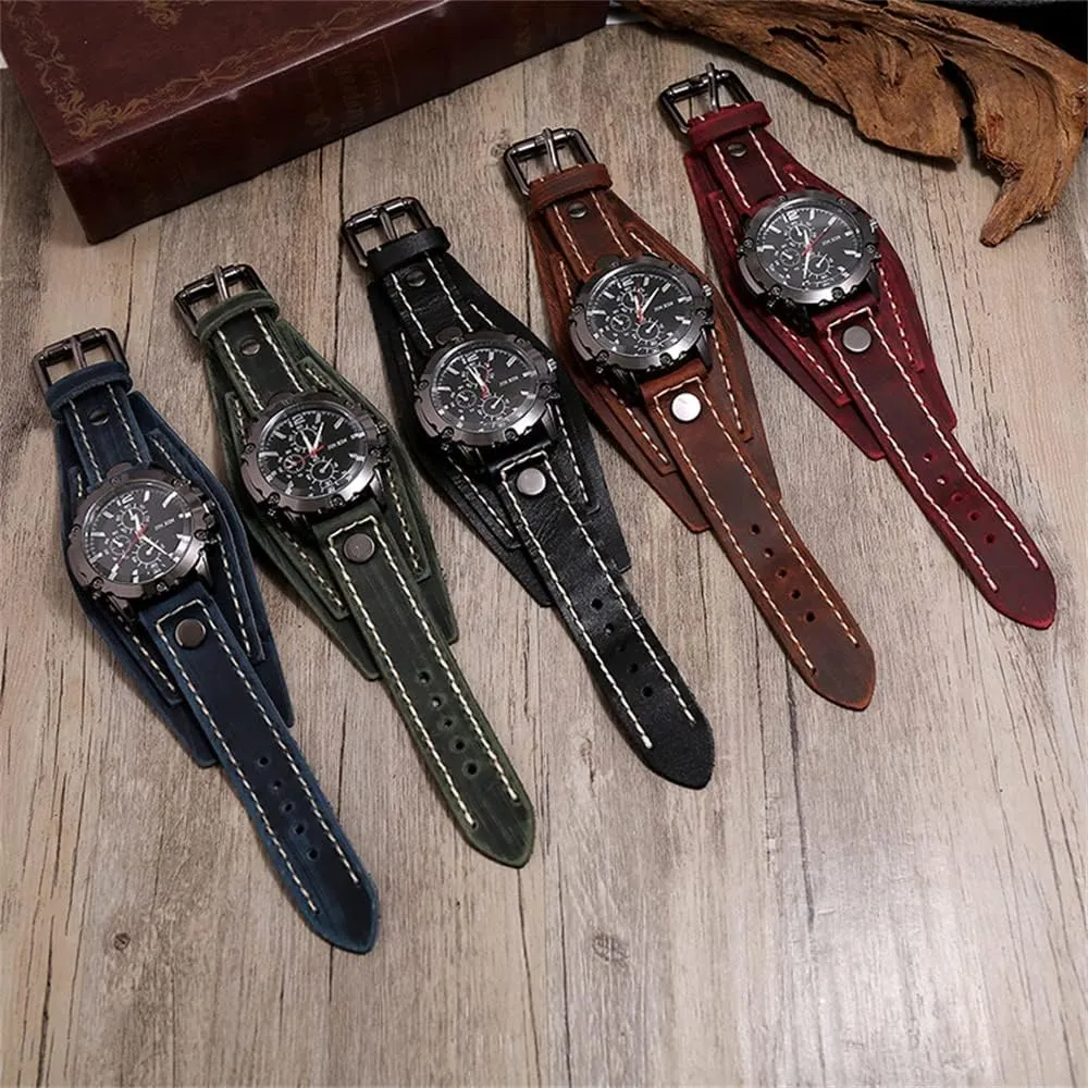 - Retro Wide Pure Cow Leather Strap, Fashion Brown Cool Punk Style Wristwatch medal metalworker rationale harem override Bracelet Luxury Men's Quartz Watch 