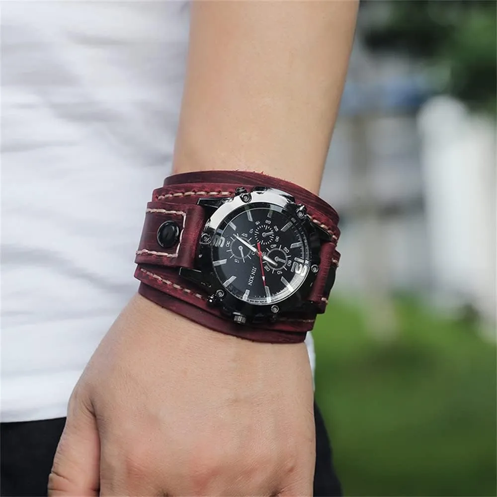 - Retro Wide Pure Cow Leather Strap, Fashion Brown Cool Punk Style Wristwatch medal metalworker rationale harem override Bracelet Luxury Men's Quartz Watch 