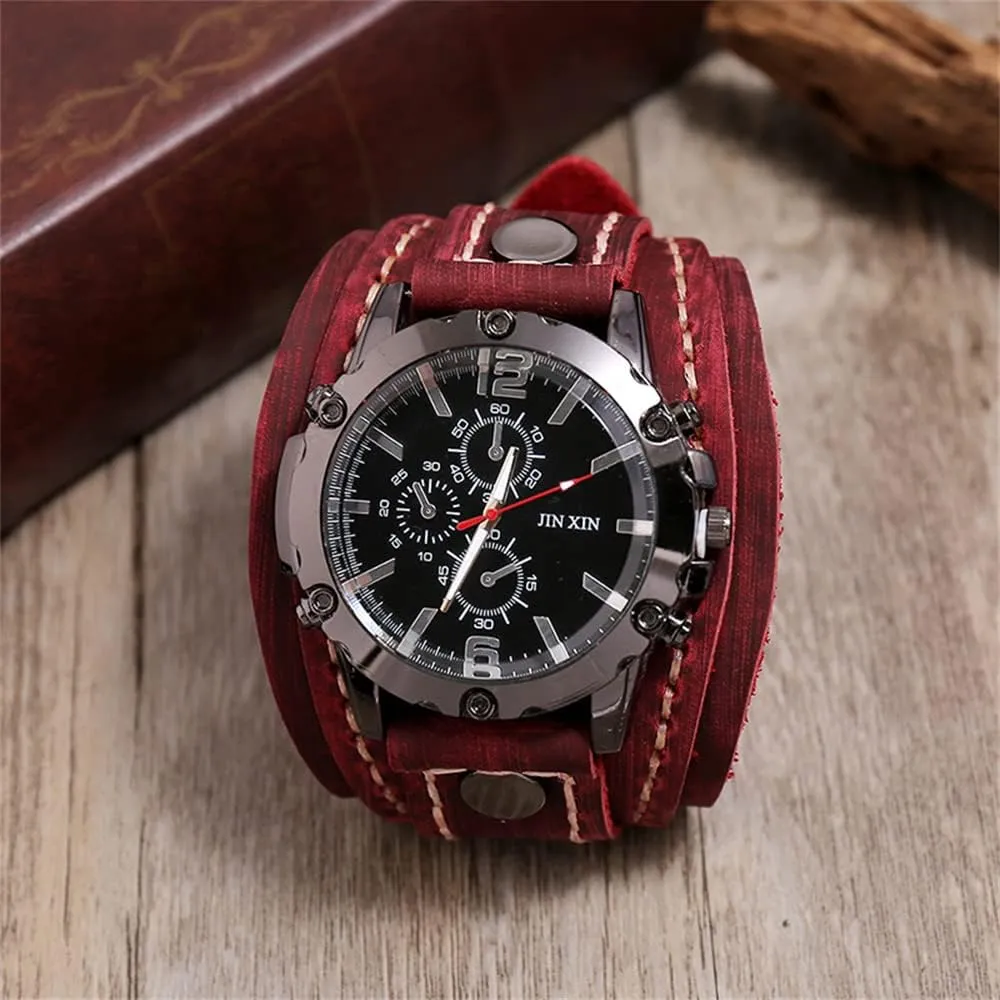 - Retro Wide Pure Cow Leather Strap, Fashion Brown Cool Punk Style Wristwatch medal metalworker rationale harem override Bracelet Luxury Men's Quartz Watch 