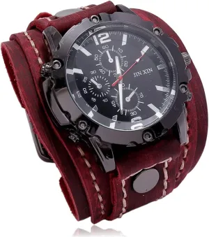- Retro Wide Pure Cow Leather Strap, Fashion Brown Cool Punk Style Wristwatch medal metalworker rationale harem override Bracelet Luxury Men's Quartz Watch 