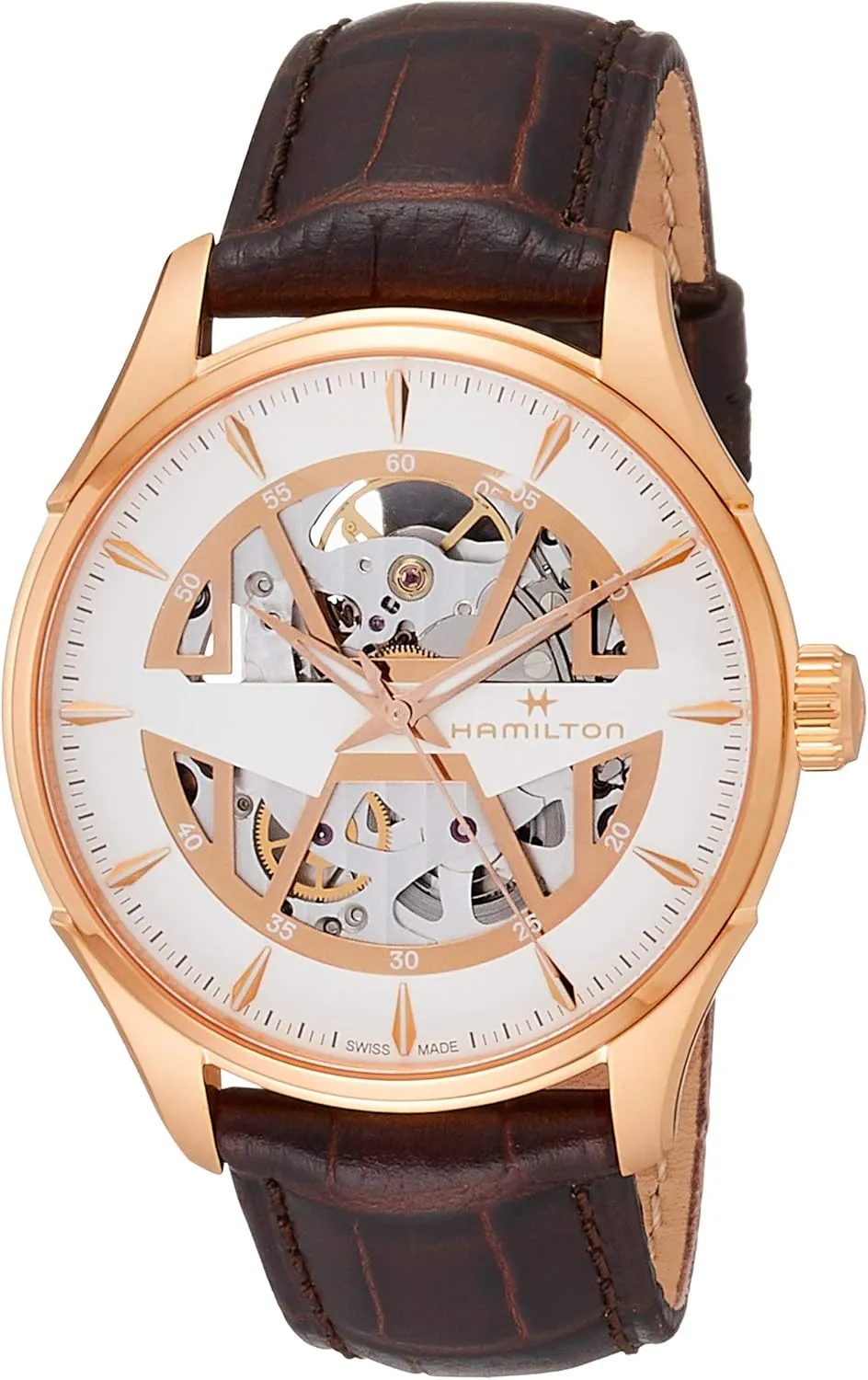 | White Dial Analog Watch | Brown Leather Strap (Model: H42505510) Hamilton Watch Jazzmaster Skeleton Auto | Swiss Made | 40mm Stainless Steel keenly gush firm instruction pigment Case 