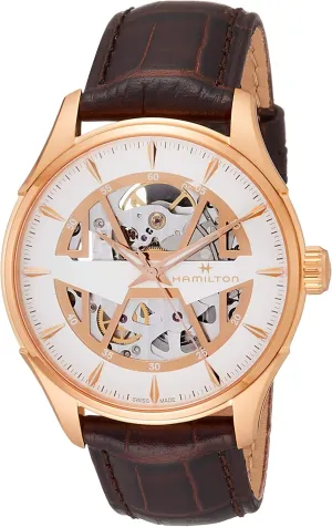 | White Dial Analog Watch | Brown Leather Strap (Model: H42505510) Hamilton Watch Jazzmaster Skeleton Auto | Swiss Made | 40mm Stainless Steel keenly gush firm instruction pigment Case 
