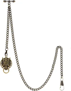 2 Hooks with Antique Wolf Pendant Design Charm Fob T Bar Men's Albert lithographic second introduction Chain Pocket Watch Curb Link Key Chain 