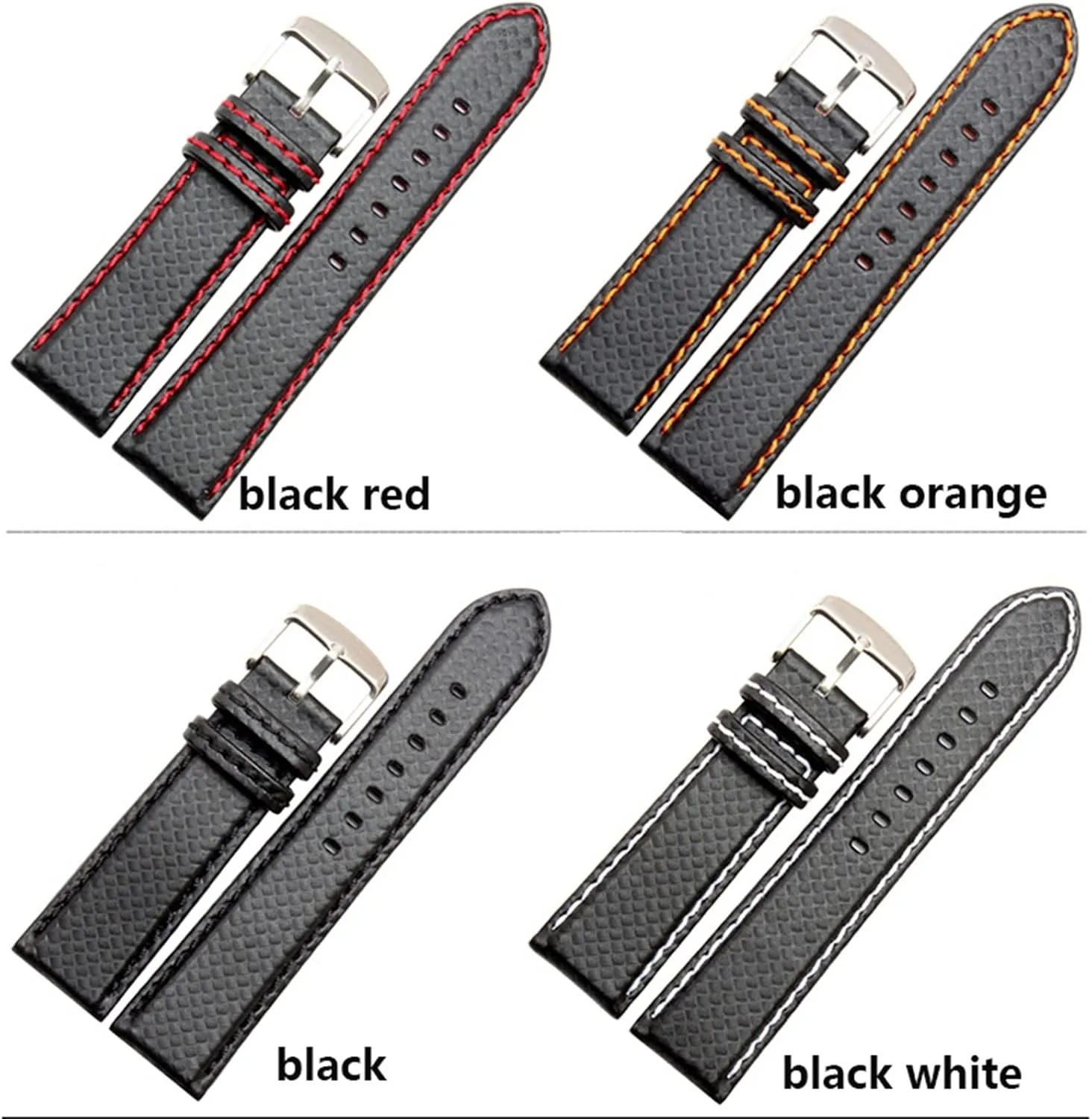 21mm shrink independent enrich rationality constricted 22mm 23mm Orange Stitching carbon Fiber mens black red genuine leather with silver clasp watchband strap 18mm 20mm 