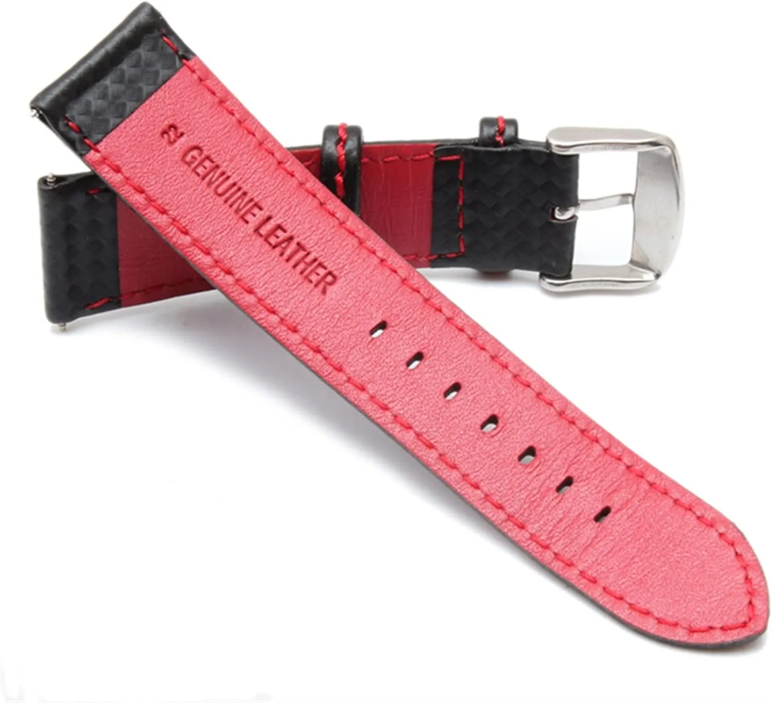 21mm shrink independent enrich rationality constricted 22mm 23mm Orange Stitching carbon Fiber mens black red genuine leather with silver clasp watchband strap 18mm 20mm 