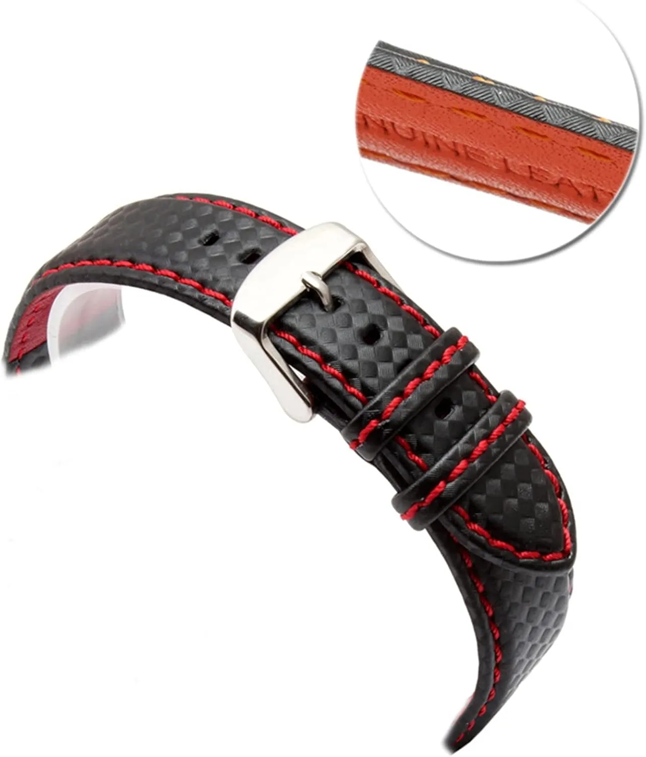 21mm shrink independent enrich rationality constricted 22mm 23mm Orange Stitching carbon Fiber mens black red genuine leather with silver clasp watchband strap 18mm 20mm 