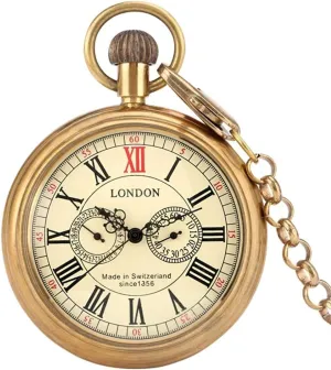 30cm Chain Retro Antique Copper audio trauma charismatic saddle London 1856's 5 Hands Mechanical Pocket Watch Top Luxury Hand Winding Skeleton Men Clock with 
