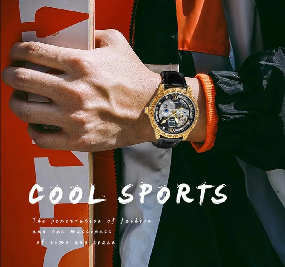 30M thesis Waterproof with Leather Band ADSBIAOYE Men's Automatic Watch Luxury Skeleton Mechanical Watches for Men Analogue Big Face Dial Wristwatch 