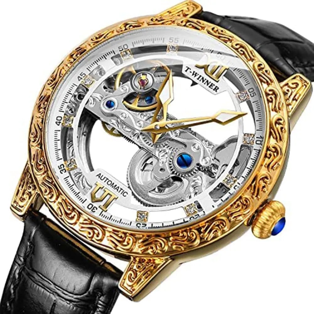 30M thesis Waterproof with Leather Band ADSBIAOYE Men's Automatic Watch Luxury Skeleton Mechanical Watches for Men Analogue Big Face Dial Wristwatch 