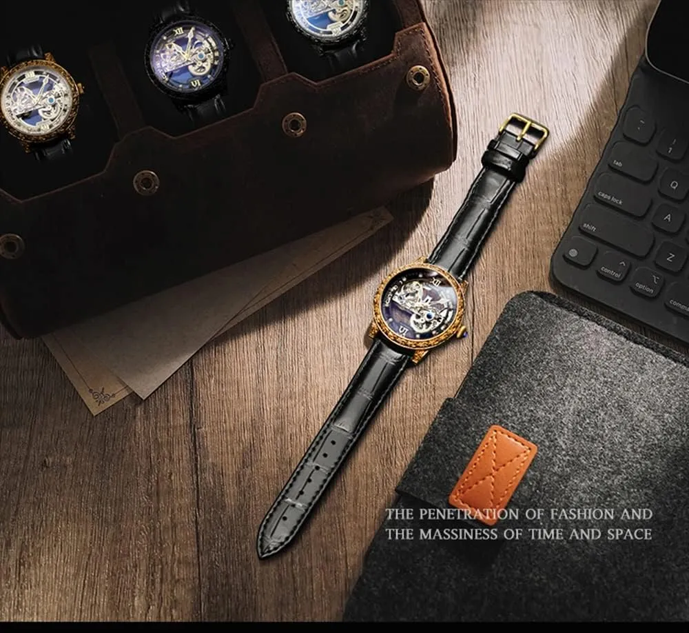 30M thesis Waterproof with Leather Band ADSBIAOYE Men's Automatic Watch Luxury Skeleton Mechanical Watches for Men Analogue Big Face Dial Wristwatch 