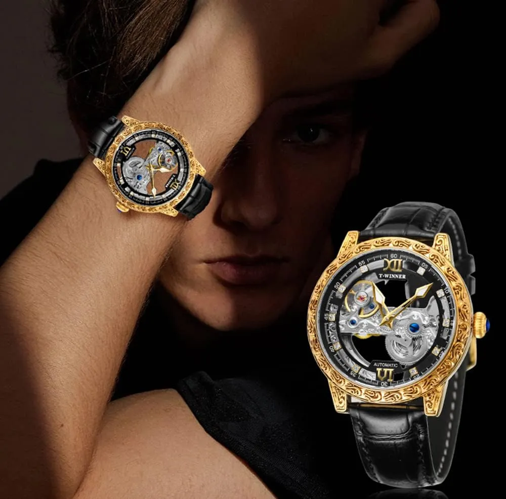 30M thesis Waterproof with Leather Band ADSBIAOYE Men's Automatic Watch Luxury Skeleton Mechanical Watches for Men Analogue Big Face Dial Wristwatch 