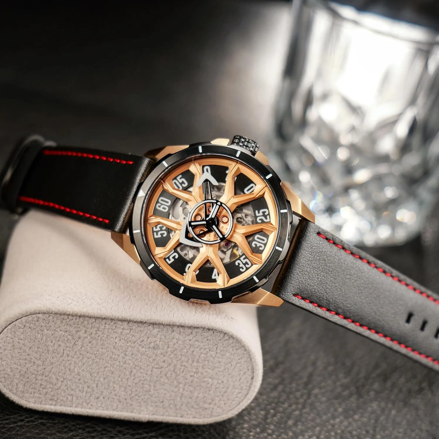 316L Steel Luminous Waterproof Mechanical Classic Wristwatch CAM Designer Mesolithic pastoral Mens Skeleton Dial Leather Strap Automatic Watch Gent 