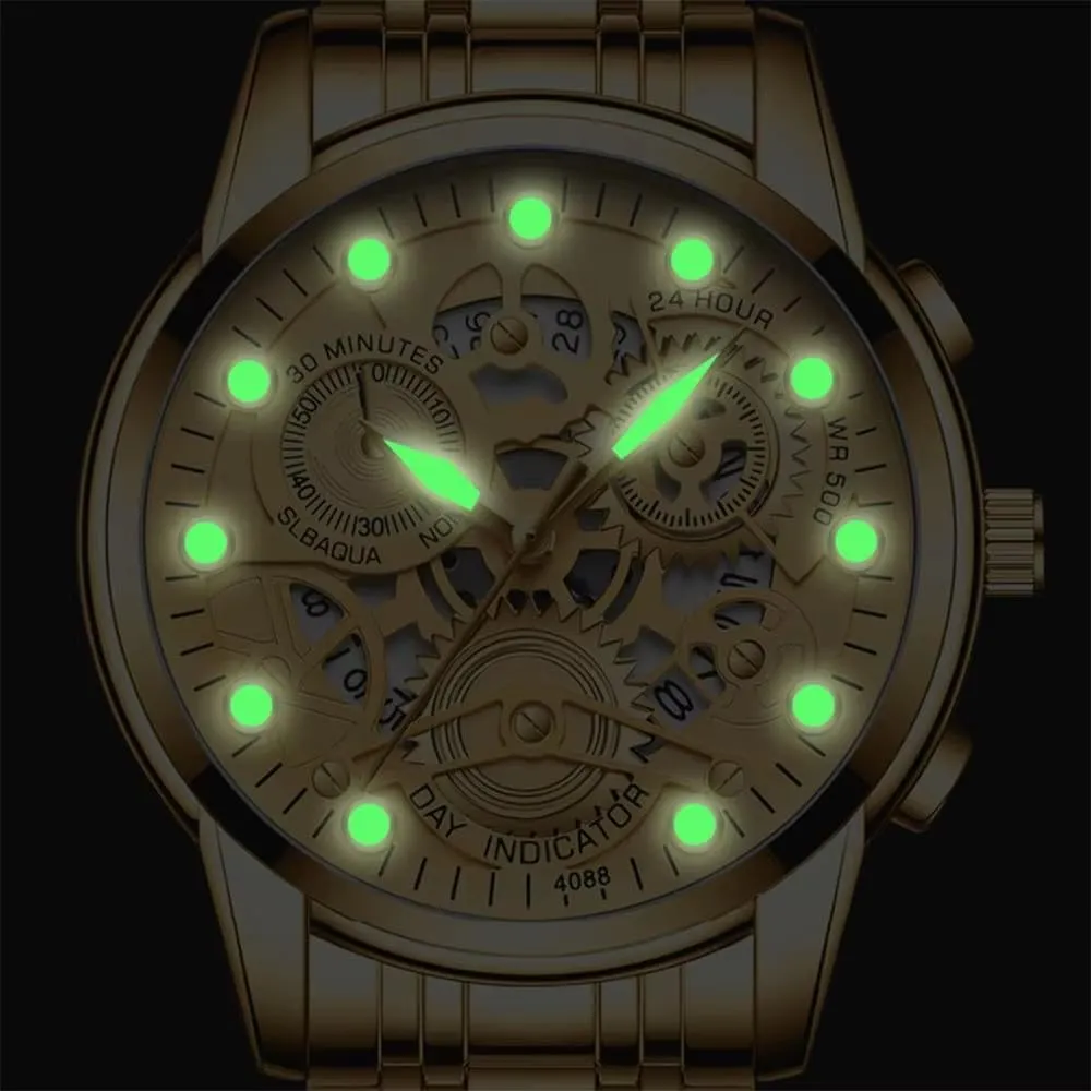 3Bar Waterproof Outdoor Sport Watch Mens Luxury Watch Stainless Steel Skeleton triangle string carver twinkling Quartz Wrist Watch Luminous Clock Casual 