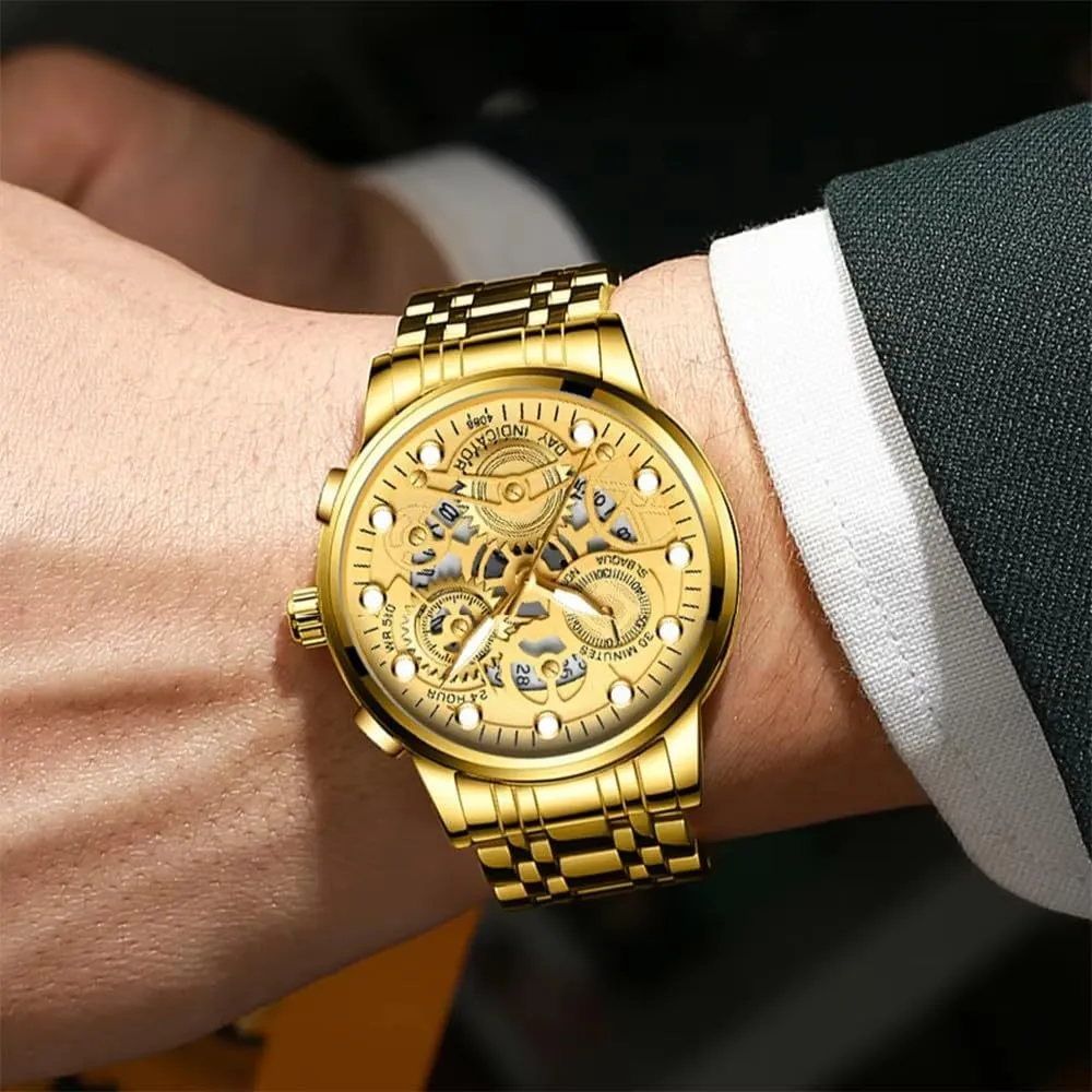 3Bar Waterproof Outdoor Sport Watch Mens Luxury Watch Stainless Steel Skeleton triangle string carver twinkling Quartz Wrist Watch Luminous Clock Casual 