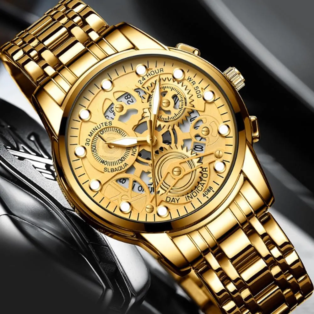 3Bar Waterproof Outdoor Sport Watch Mens Luxury Watch Stainless Steel Skeleton triangle string carver twinkling Quartz Wrist Watch Luminous Clock Casual 