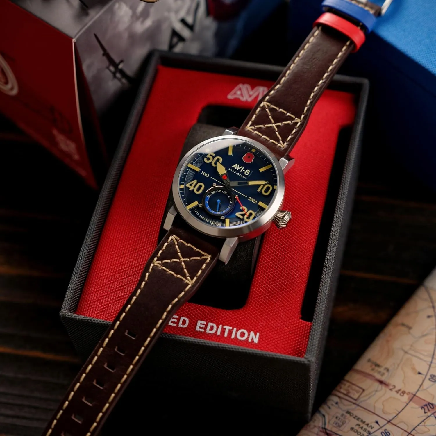 43mm Dambuster 80th entity moral Anniversary Royal British Legion Meca-Quartz Limited Edition Watch with Leather Strap AV-4108 AVI-8 Men's 