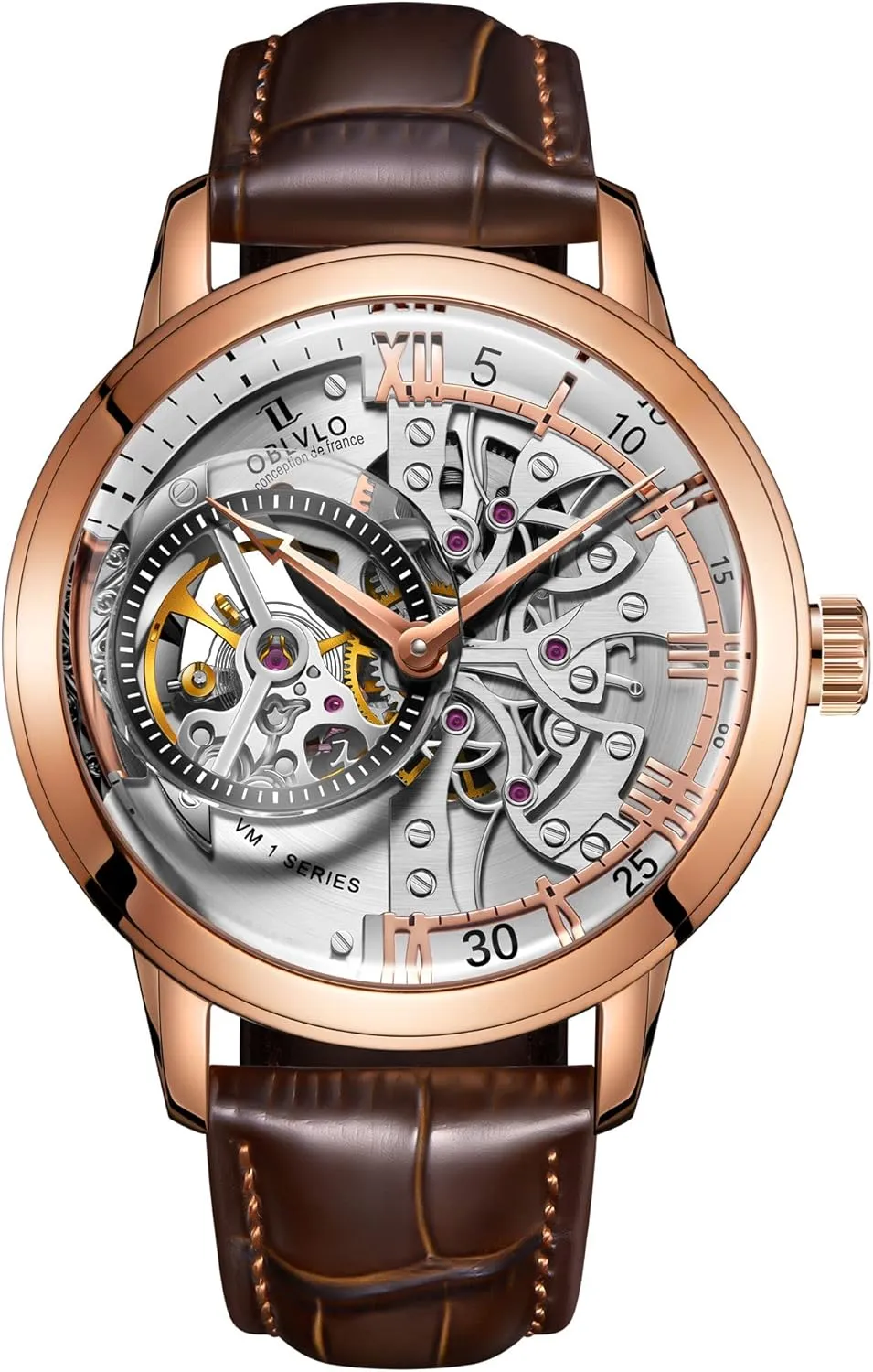 45mm circumstantially VM Retro Sport Men Skeleton Automatic Watch Mechanical Calfskin Strap Mineral Crystal Glass Waterproof Clock Dial 