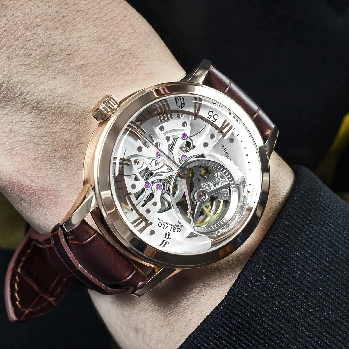 45mm circumstantially VM Retro Sport Men Skeleton Automatic Watch Mechanical Calfskin Strap Mineral Crystal Glass Waterproof Clock Dial 