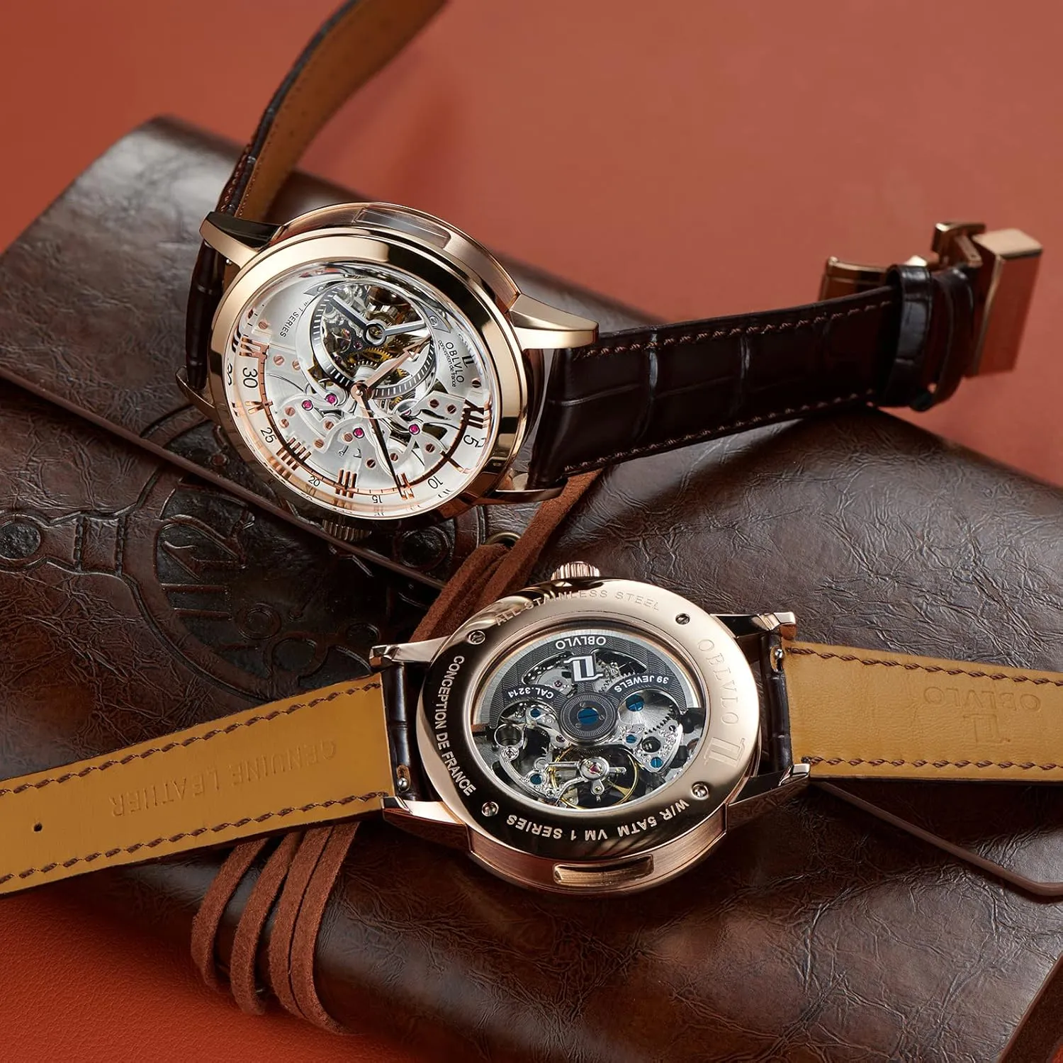 45mm circumstantially VM Retro Sport Men Skeleton Automatic Watch Mechanical Calfskin Strap Mineral Crystal Glass Waterproof Clock Dial 