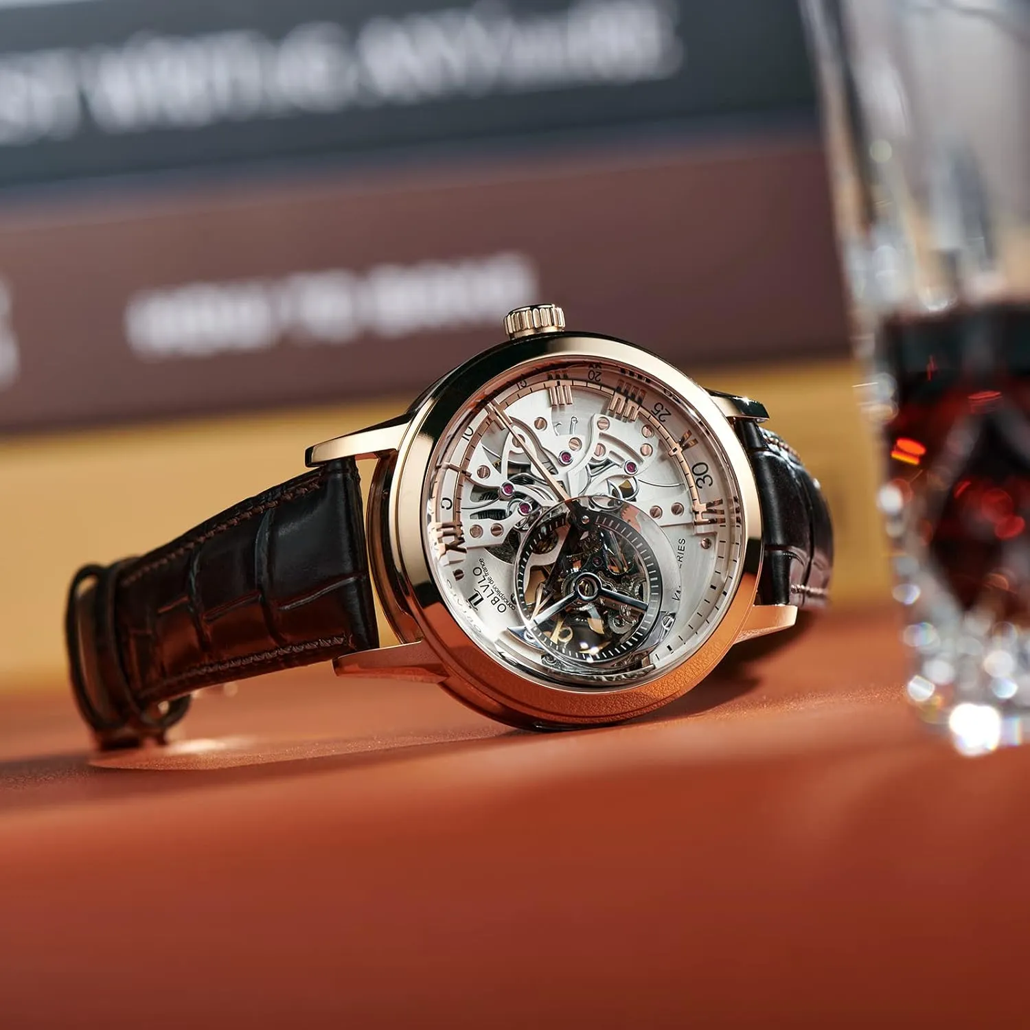 45mm circumstantially VM Retro Sport Men Skeleton Automatic Watch Mechanical Calfskin Strap Mineral Crystal Glass Waterproof Clock Dial 