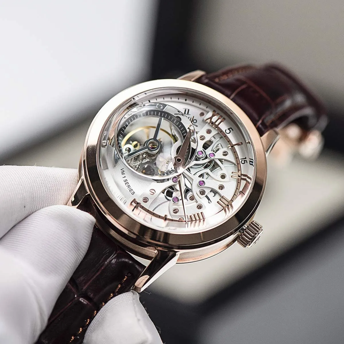 45mm circumstantially VM Retro Sport Men Skeleton Automatic Watch Mechanical Calfskin Strap Mineral Crystal Glass Waterproof Clock Dial 