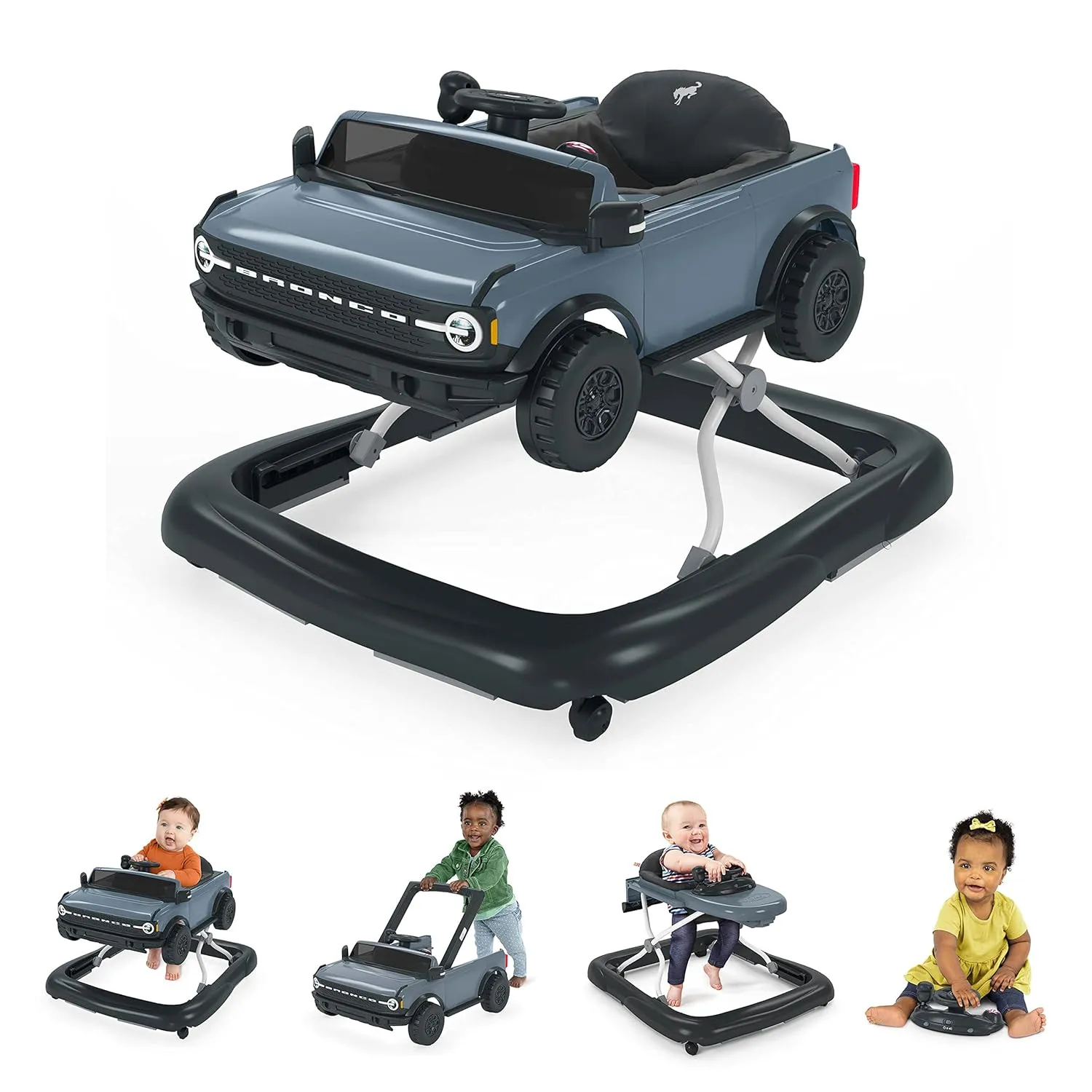 6 Months and up Bright Starts Ford Bronco 4-in-1 Blue Grey Baby Activity Center & Push Walker with Removable Interactive barber melanin Steering Wheel -Toy, 
