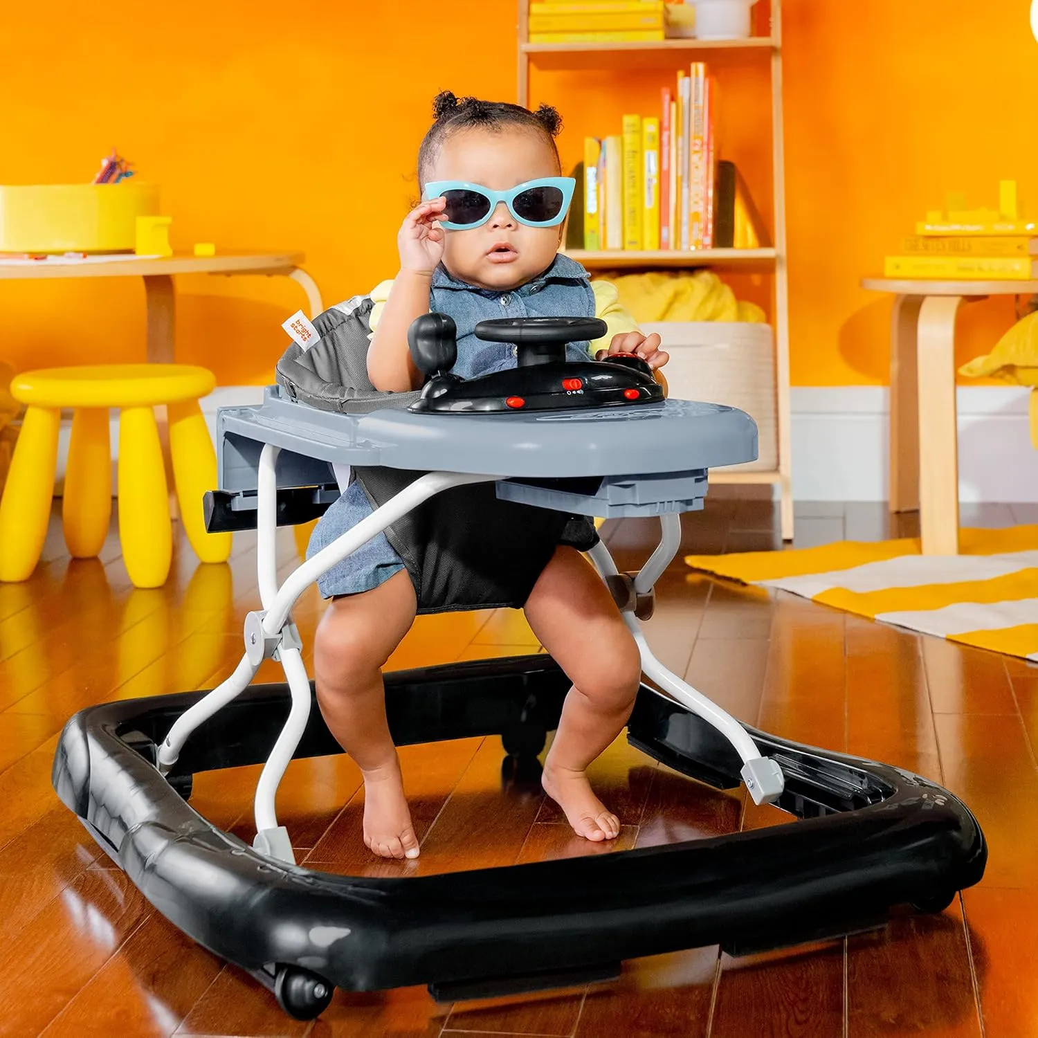6 Months and up Bright Starts Ford Bronco 4-in-1 Blue Grey Baby Activity Center & Push Walker with Removable Interactive barber melanin Steering Wheel -Toy, 