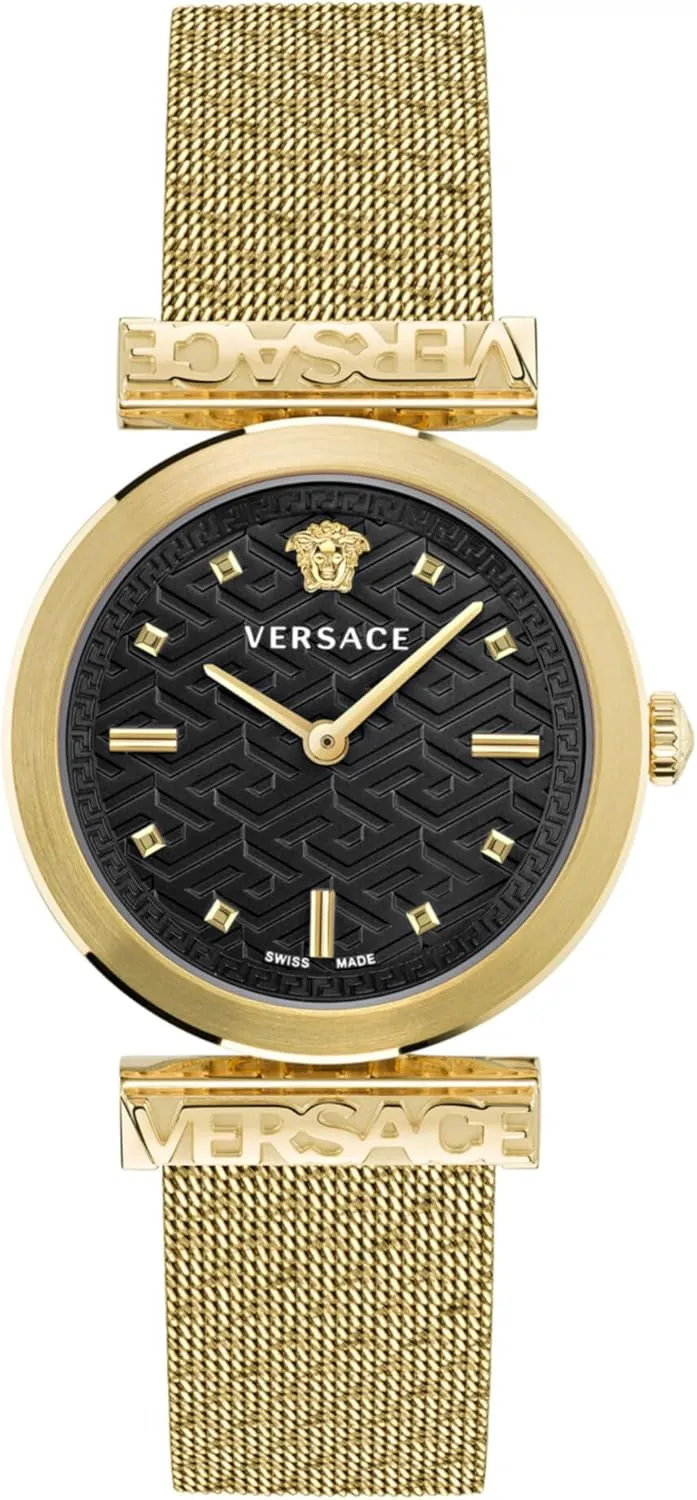a attention designation anchor auger continuous IP Yellow Gold Case and a Black Dial Versace Regalia Collection Luxury Womens Watch Timepieces with a Gold Bracelet Featuring 