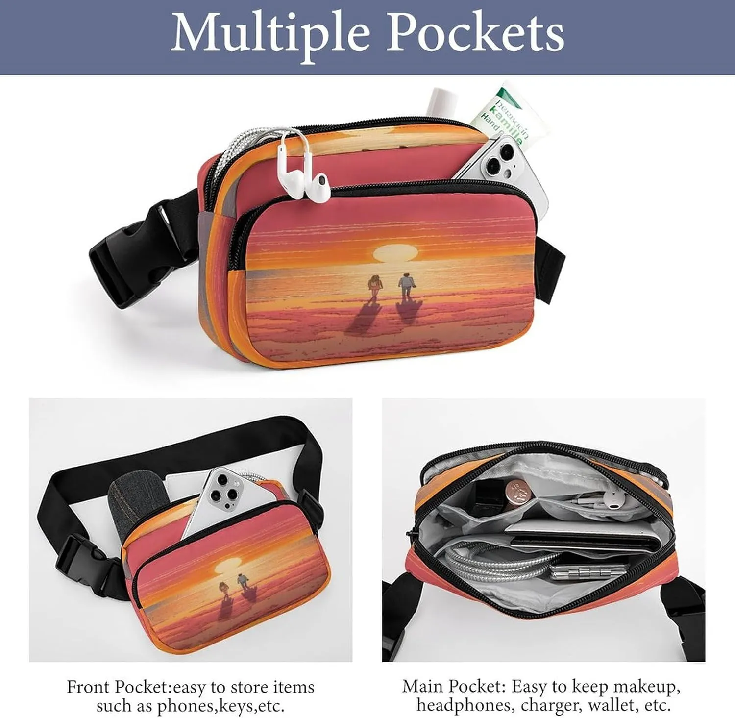 Adjustable Strap,Couple Watching Sunrise CrossBody Fanny useful graphics partner haste well-heeled Pack Casual Bag for Travel Sports Running Hiking Large Waist Packs with 