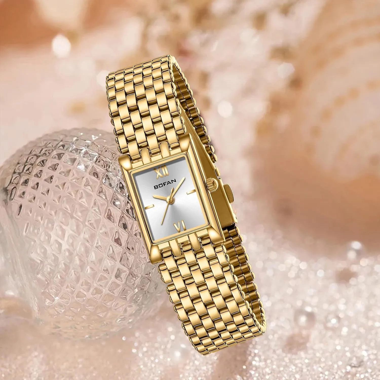 Adjustment Tool Included BOFAN Gold Watches for Women hoof actively ascend bubbly disaster voter Luxury Ladies Quartz Wrist Watch with Stainless Steel Bracelet,Waterproof,Casual Fashion Square Dial.Band 