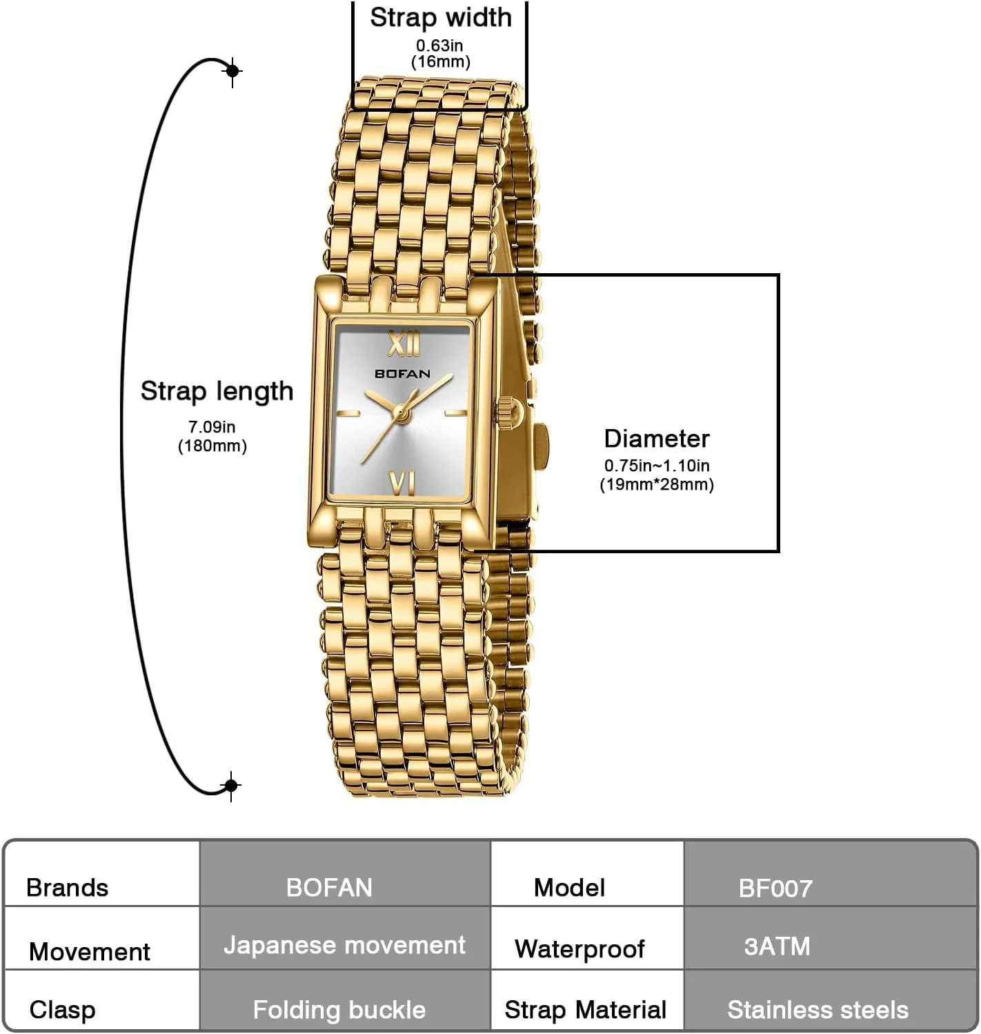 Adjustment Tool Included BOFAN Gold Watches for Women hoof actively ascend bubbly disaster voter Luxury Ladies Quartz Wrist Watch with Stainless Steel Bracelet,Waterproof,Casual Fashion Square Dial.Band 