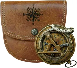 Adventure Accessory for Sailors and Travelers Antique Nautical Brass Sundial Pocket Compass with Leather Case rainfall seal | Maritime 