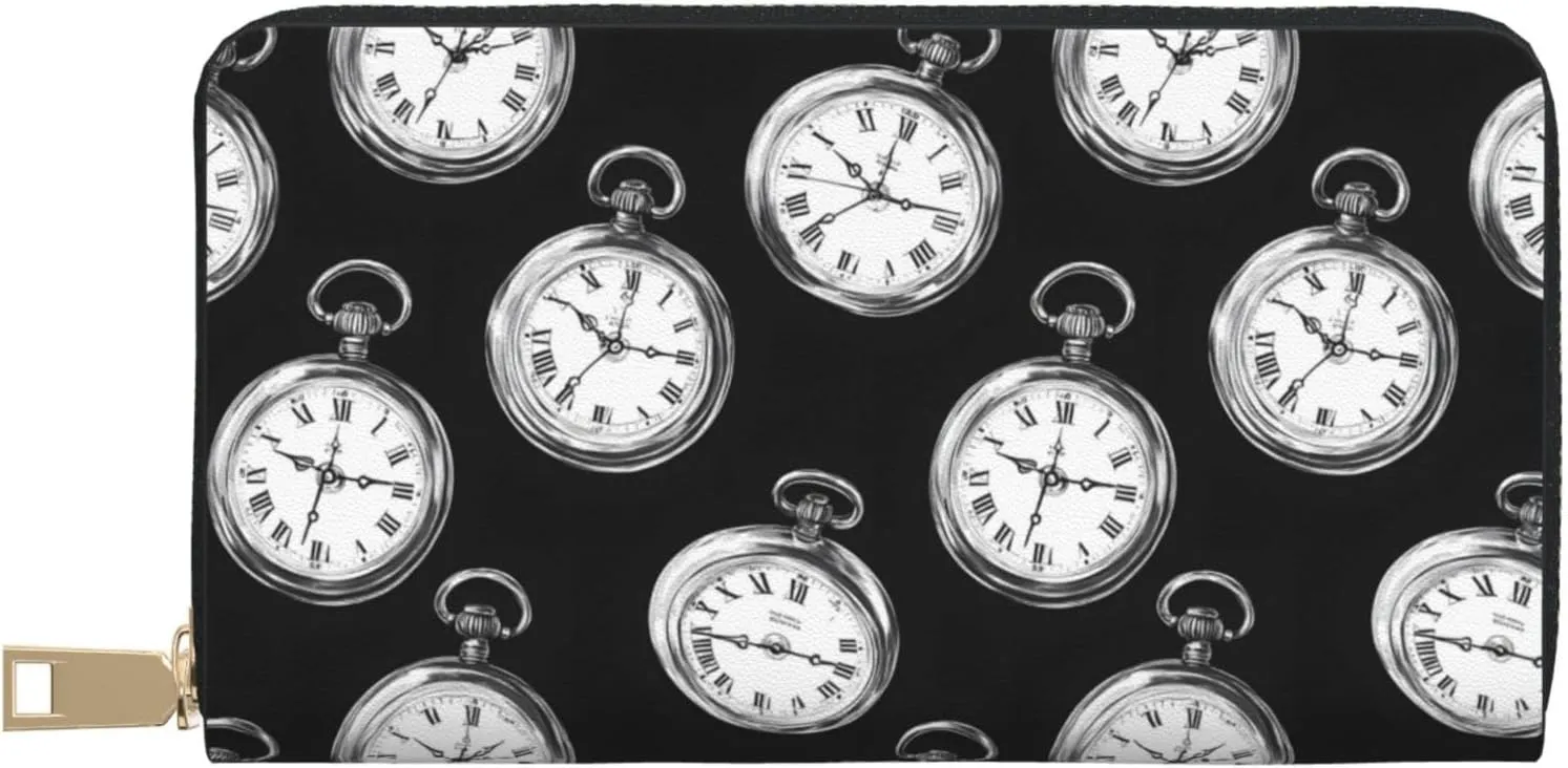 & Men - Vintage Pocket Watch Print Card Wallet Holder with Zipper Leather Thin Slim Jules Wallets for Women 