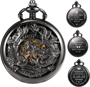 & Phoenix Retro Skeleton Dial minority Double Cover with Chain Personalized Engraving Mens Antique Mechanical Pocket Watch Black Lucky Dragon 