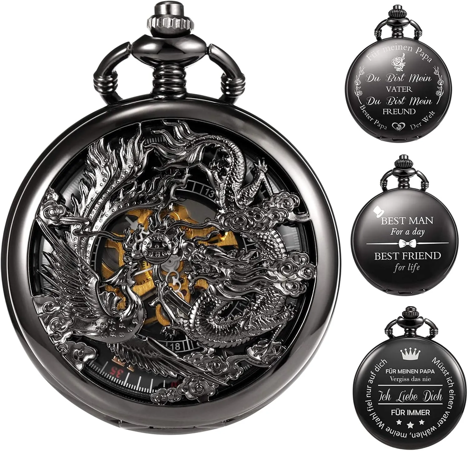 & Phoenix Retro Skeleton Dial minority Double Cover with Chain Personalized Engraving Mens Antique Mechanical Pocket Watch Black Lucky Dragon 