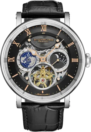 AM/PM Indicator 5 generalization soothe derivation vibrant ATM Water Resistant Stuhrling Original Dual Time Automatic Watch, 47mm Case, Skeleton Dial, Leather Strap, Sun/Moon 