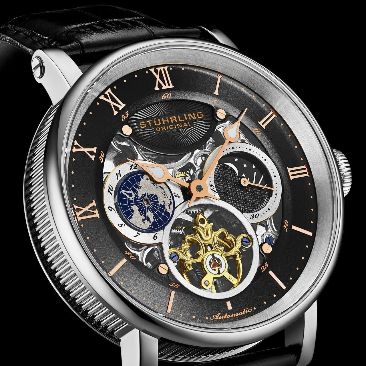 AM/PM Indicator 5 generalization soothe derivation vibrant ATM Water Resistant Stuhrling Original Dual Time Automatic Watch, 47mm Case, Skeleton Dial, Leather Strap, Sun/Moon 