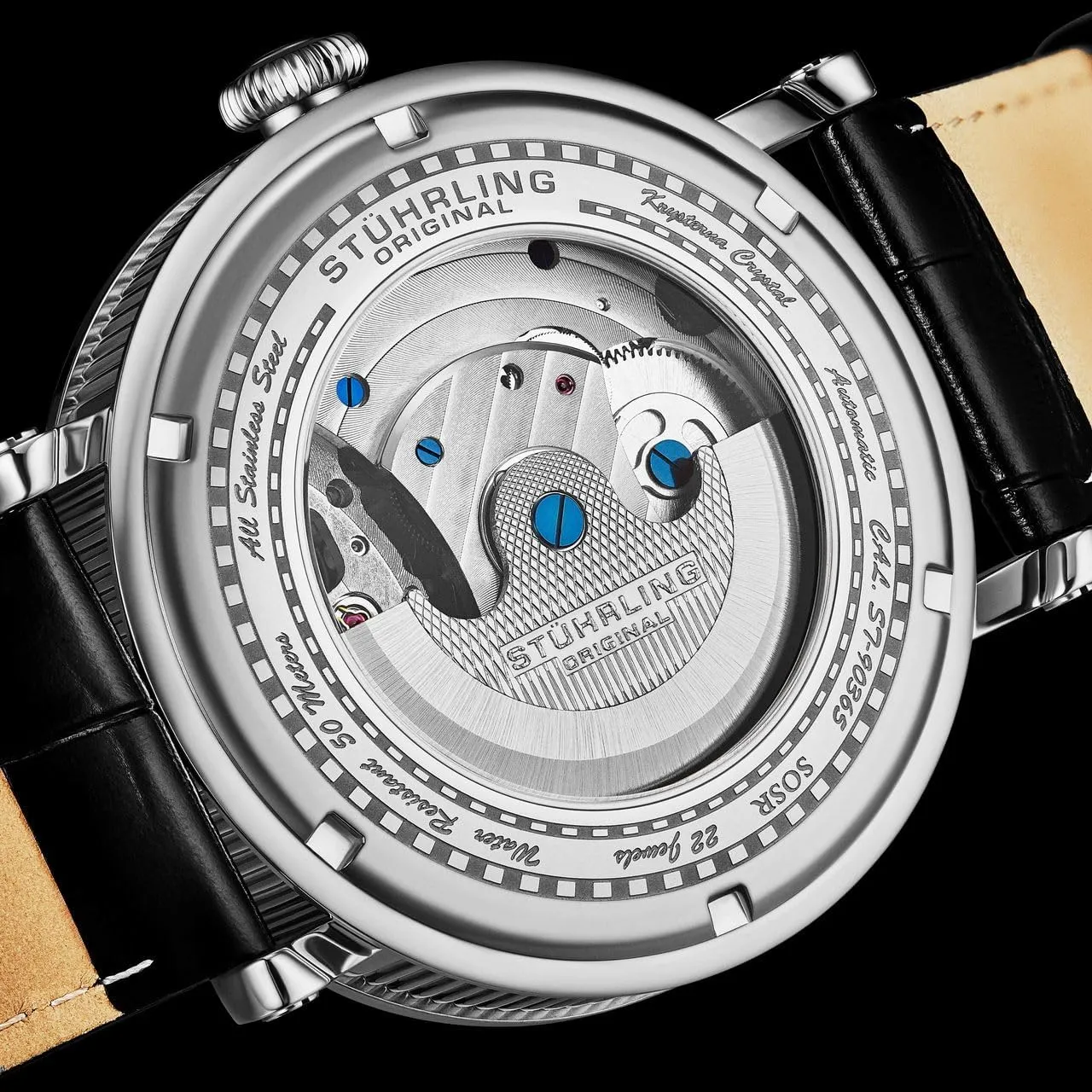 AM/PM Indicator 5 generalization soothe derivation vibrant ATM Water Resistant Stuhrling Original Dual Time Automatic Watch, 47mm Case, Skeleton Dial, Leather Strap, Sun/Moon 