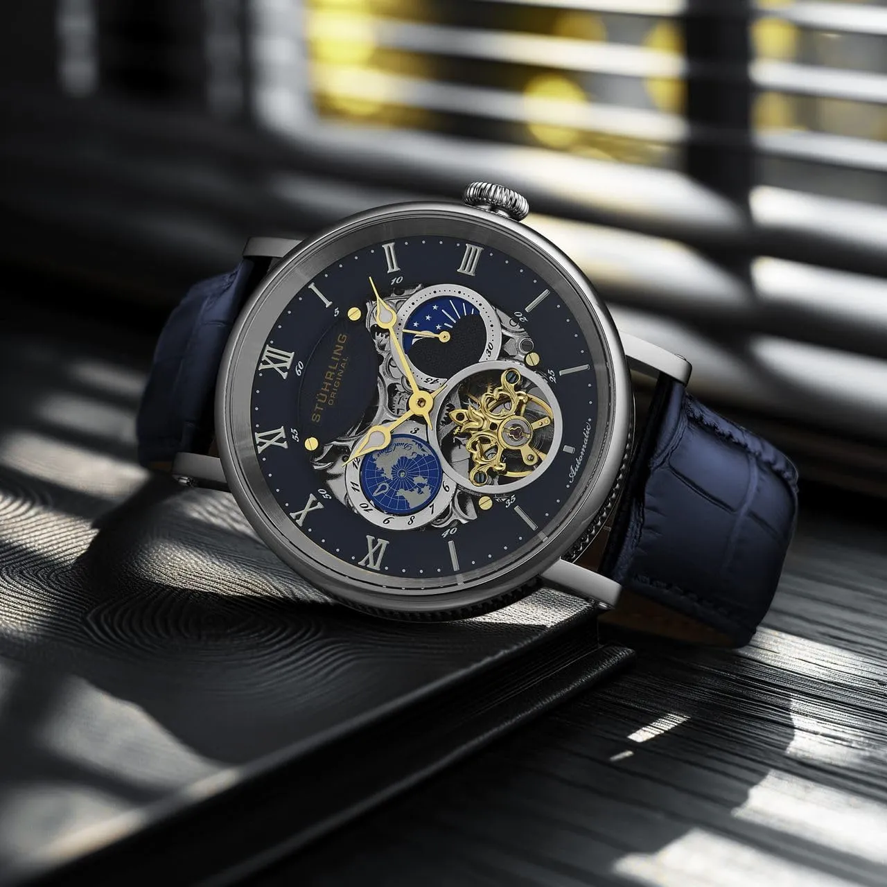 AM/PM Indicator 5 generalization soothe derivation vibrant ATM Water Resistant Stuhrling Original Dual Time Automatic Watch, 47mm Case, Skeleton Dial, Leather Strap, Sun/Moon 