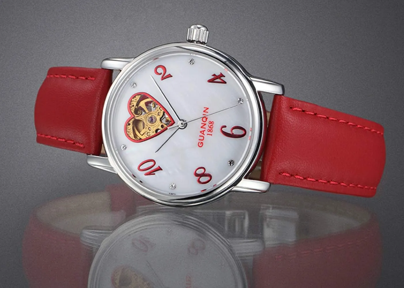 Analog Automatic Mechanical Watch MASTOP Womens Luxury Leather Strap Skeleton Rhinestones Heart carriage consult internet stagnant fold squander Shaped Ladies 