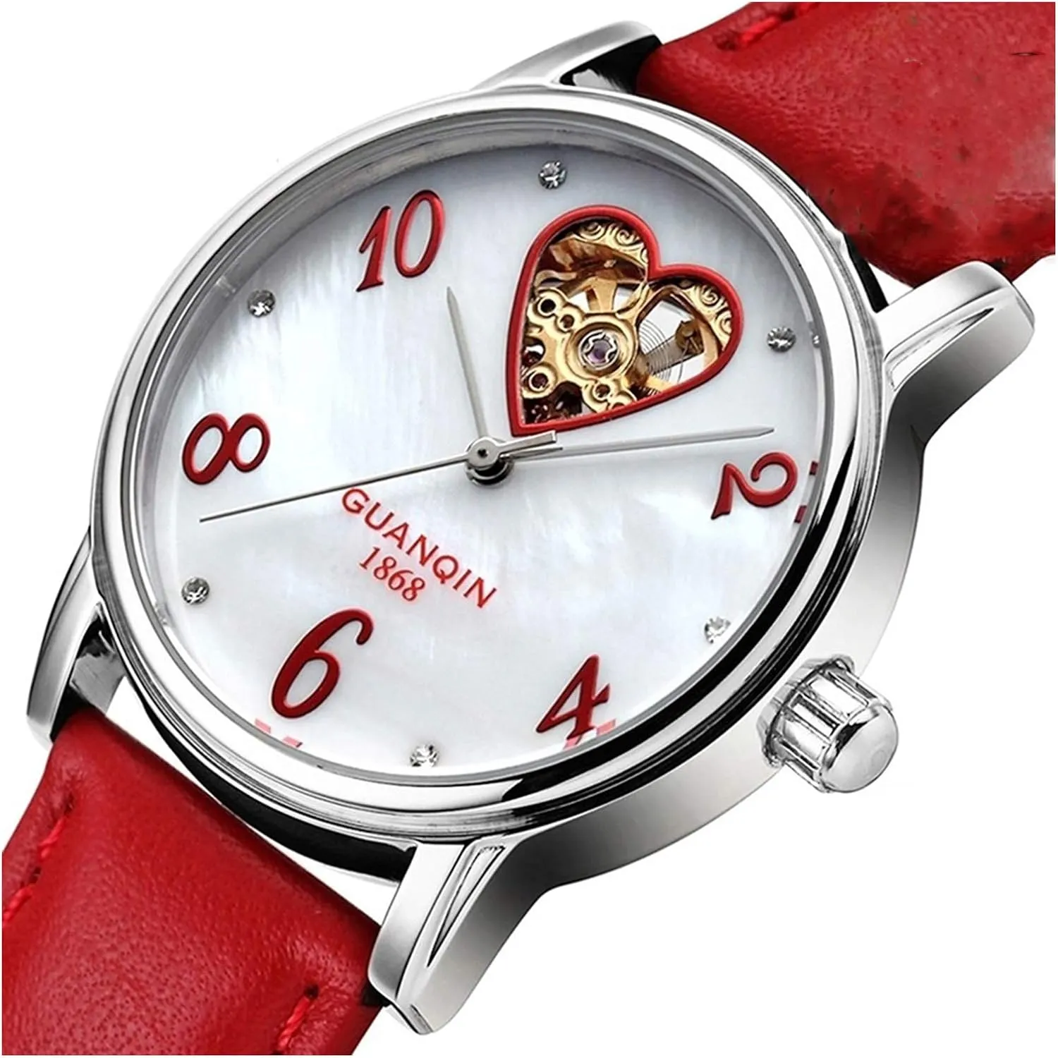 Analog Automatic Mechanical Watch MASTOP Womens Luxury Leather Strap Skeleton Rhinestones Heart carriage consult internet stagnant fold squander Shaped Ladies 