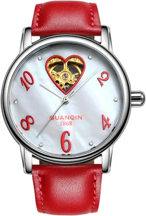 Analog Automatic Mechanical Watch MASTOP Womens Luxury Leather Strap Skeleton Rhinestones Heart carriage consult internet stagnant fold squander Shaped Ladies 