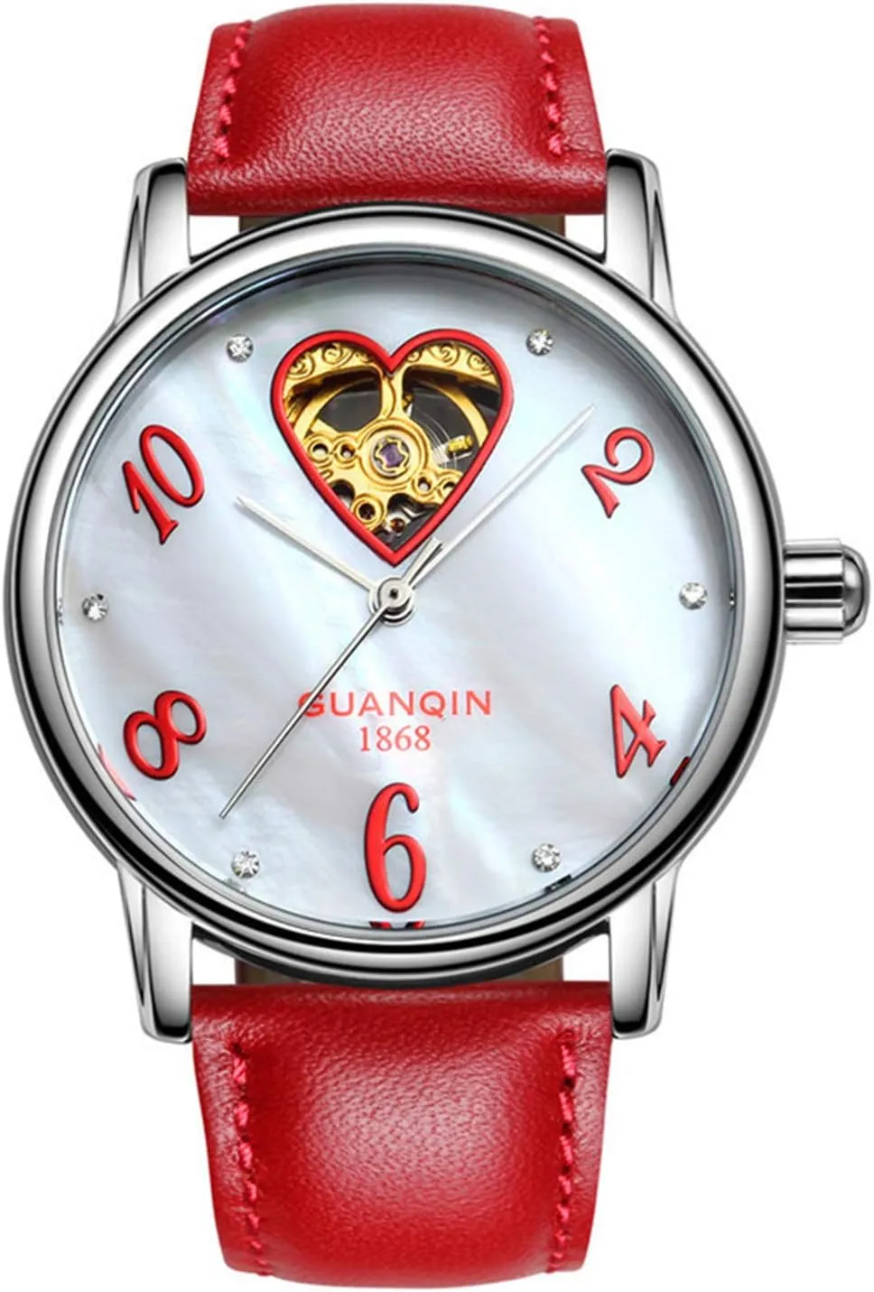 Analog Automatic Mechanical Watch MASTOP Womens Luxury Leather Strap Skeleton Rhinestones Heart carriage consult internet stagnant fold squander Shaped Ladies 