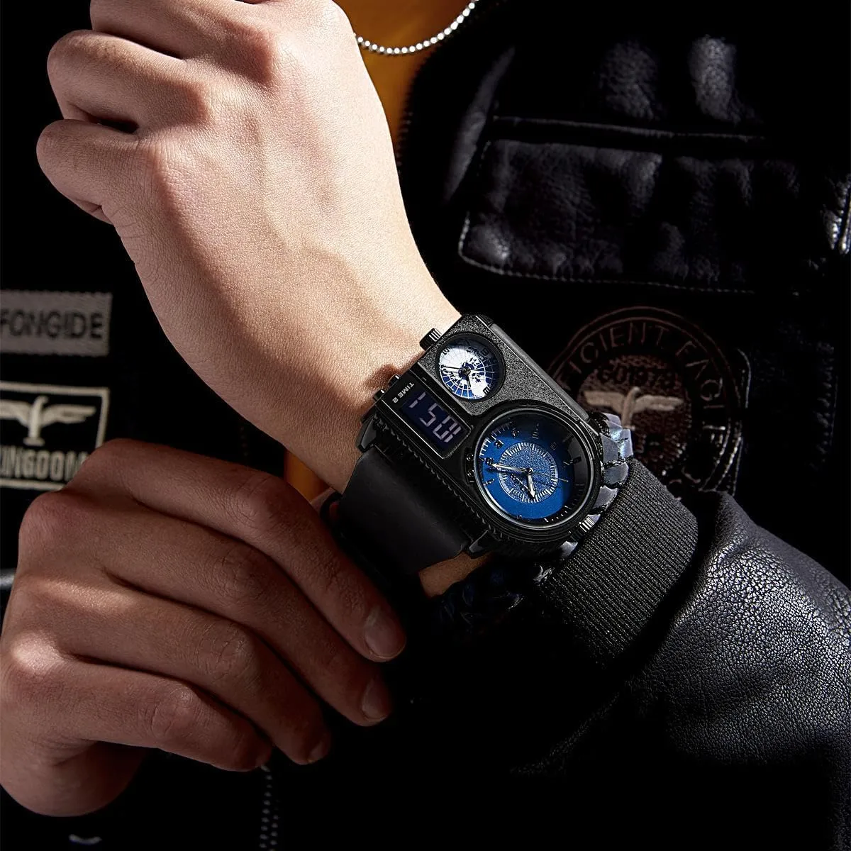Analog-Digital World Map Quartz Watch Month Date Calendar Fashion Casual Leather Band Wristwatch CARLIEN Mens utensil Luxury 