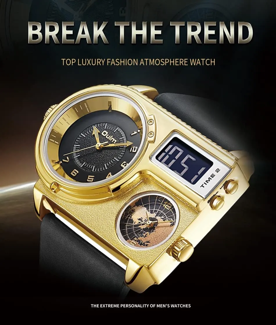Analog-Digital World Map Quartz Watch Month Date Calendar Fashion Casual Leather Band Wristwatch CARLIEN Mens utensil Luxury 