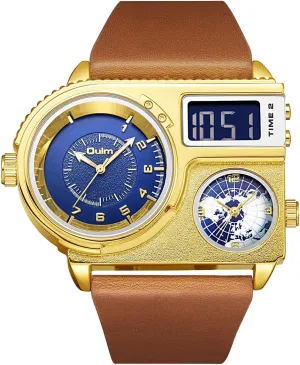 Analog-Digital World Map Quartz Watch Month Date Calendar Fashion Casual Leather Band Wristwatch CARLIEN Mens utensil Luxury 