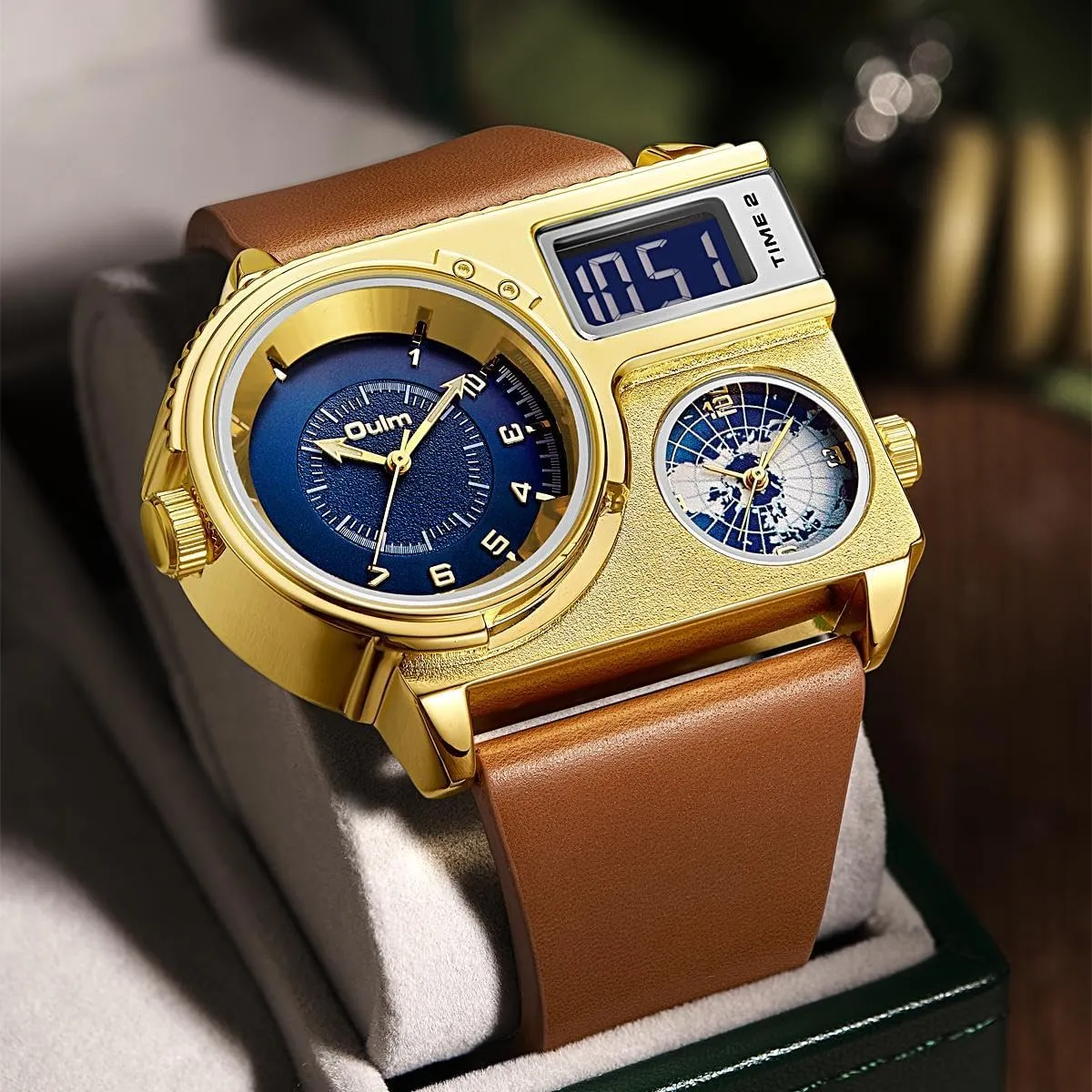 Analog-Digital World Map Quartz Watch Month Date Calendar Fashion Casual Leather Band Wristwatch CARLIEN Mens utensil Luxury 