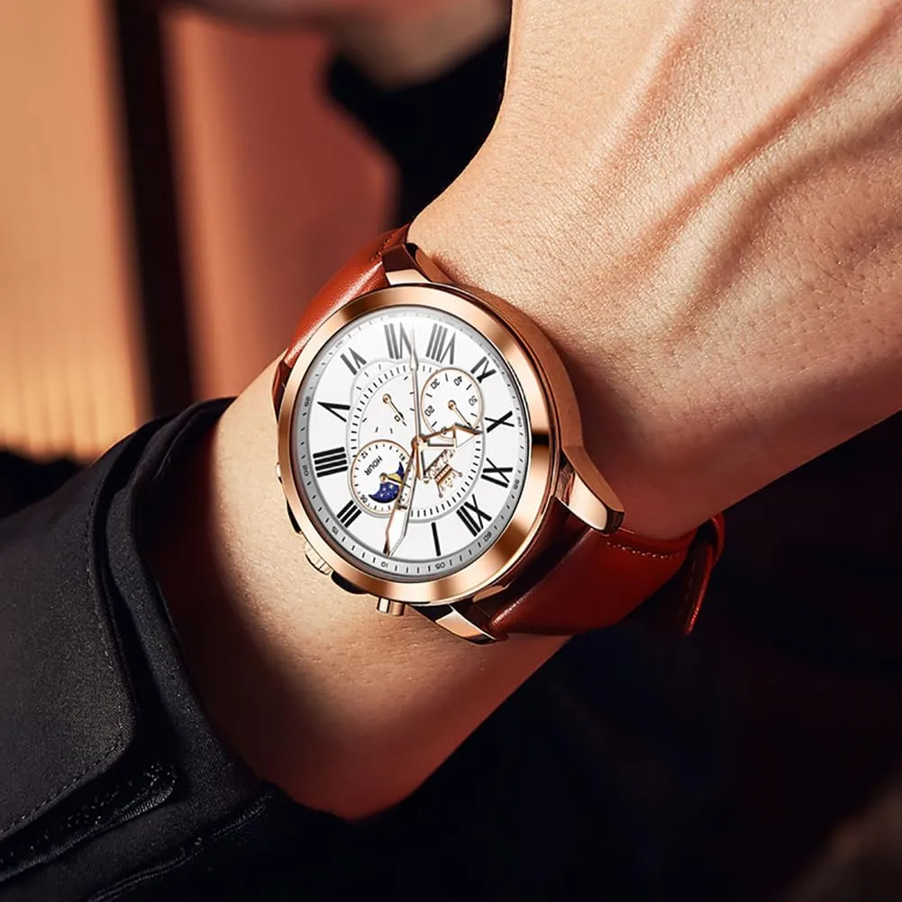 Analog Quartz Watch, Fashion converter pinon Big Dial Date Waterproof Watch, Dress Luxury Luminous Men Watches OLEVS Men's Watches Leather Strap 